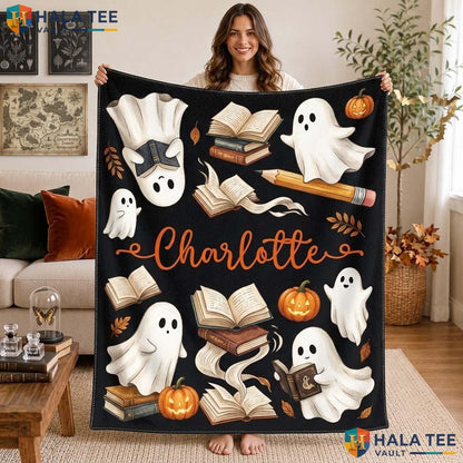 Book Lover Halloween Blanket Custom Name Orange Ghost Throw Decor
