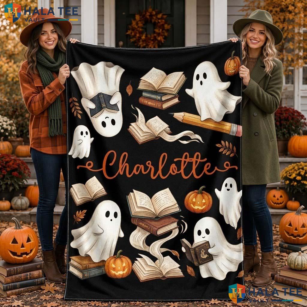 Book Lover Halloween Blanket Custom Name Orange Ghost Throw Decor