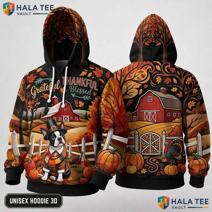 Boston Terrier Blessed Thanksgiving 3D Hoodie Grateful Thankful Fall