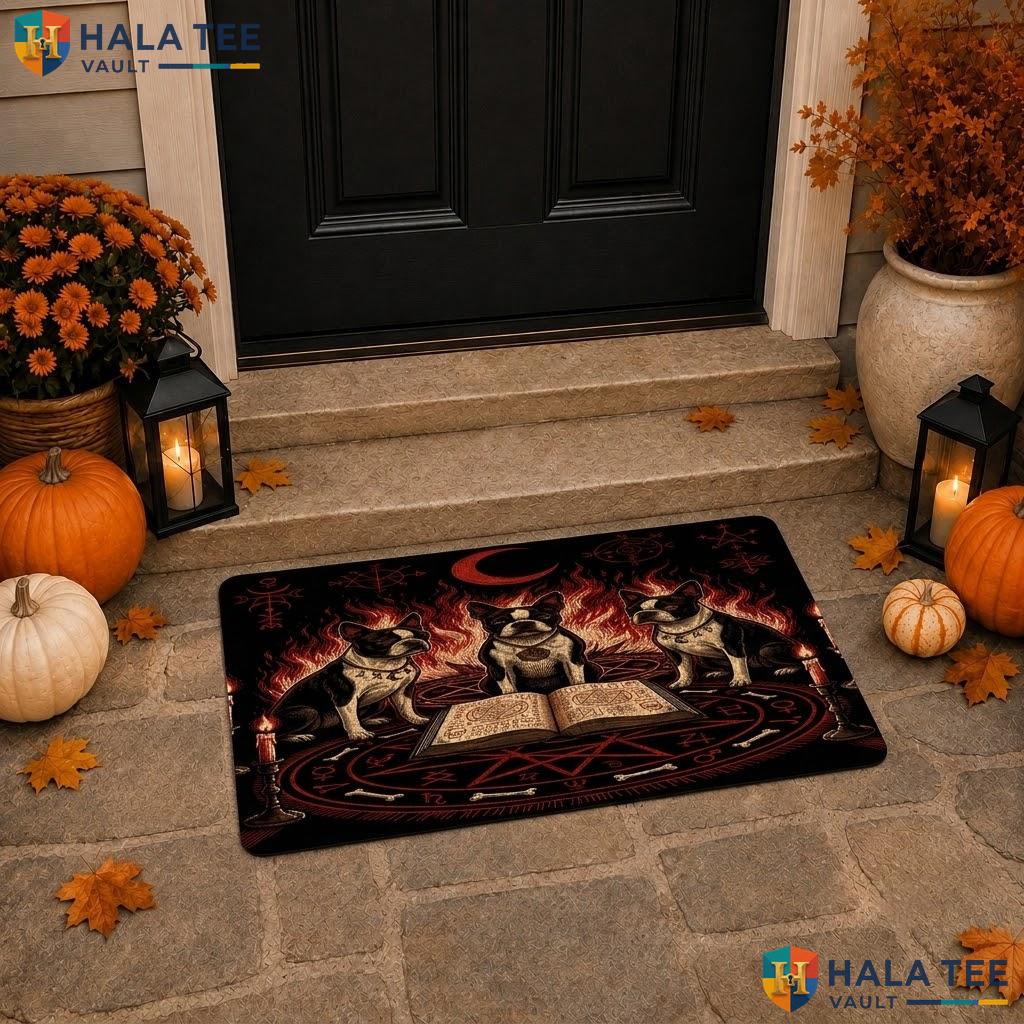 Boston Terrier Dog Halloween Doormat Holiday Witchy Spooky Welcome Rug