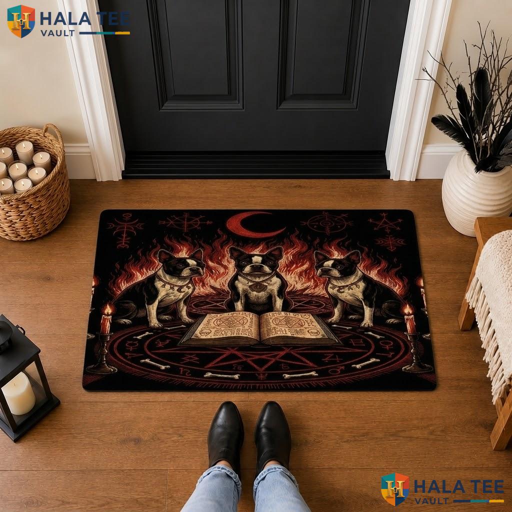Boston Terrier Dog Halloween Front door mat Holiday Witchy Spooky Welcome Rug