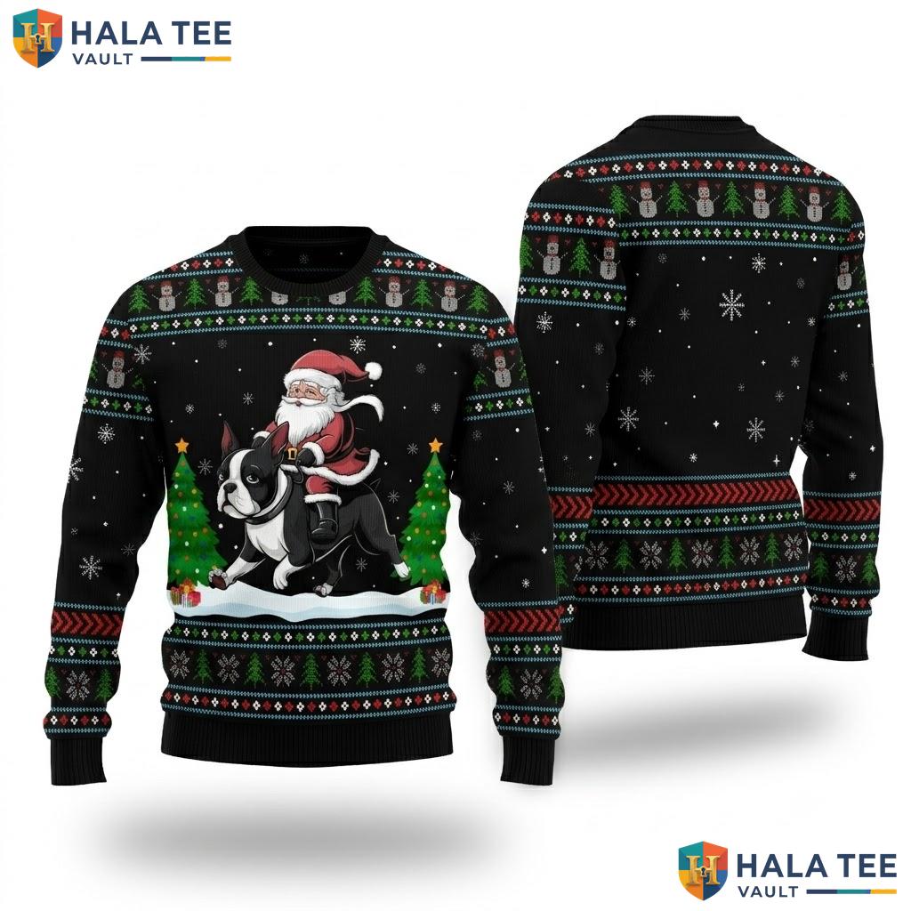 Boston Terrier Riding Santa Christmas Sweater Funny Xmas Tree Top