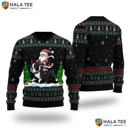 Boston Terrier Riding Santa Christmas Sweater Funny Xmas Tree Top