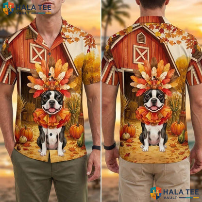 Boston Terrier Thanksgiving Tropical Shirt Turkey Costume Fall Scene
