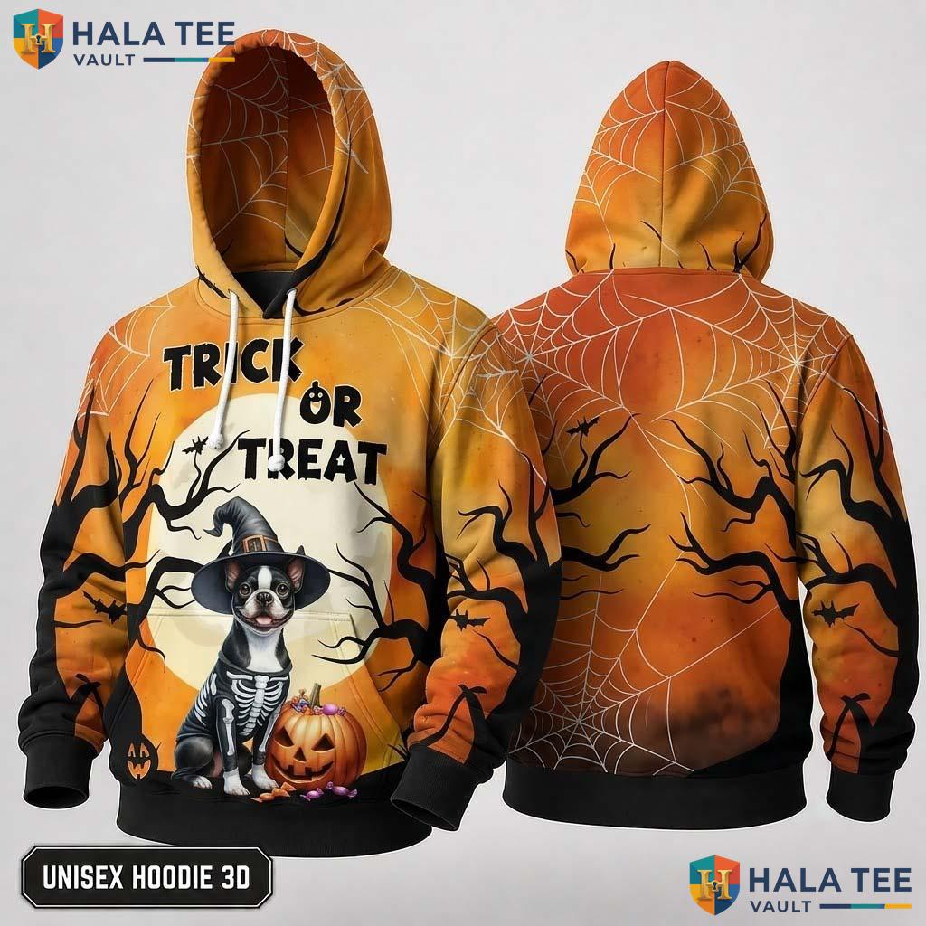 Boston Terrier Trick Or Treat 3D Hoodie Playful Witch Hat Halloween