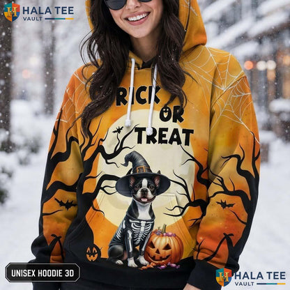 Boston Terrier Trick Or Treat 3D Printed Hoodie Playful Witch Hat Halloween