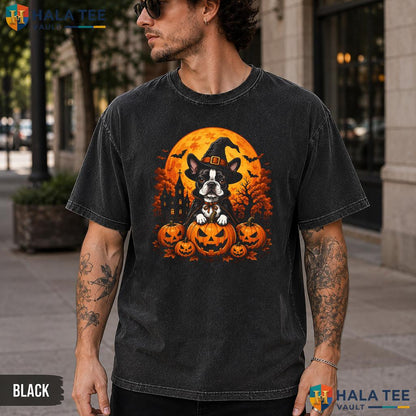 Boston Terrier Washed T-Shirt Cute Witch Hat Pumpkin Halloween Dog Lover