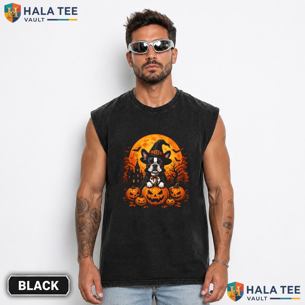 Boston Terrier Streetwear Washed T-Shirt Cute Witch Hat Pumpkin Halloween Dog Lover