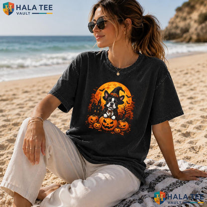 Boston Terrier Heavyweight Washed Shirt Cute Witch Hat Pumpkin Halloween Dog Lover
