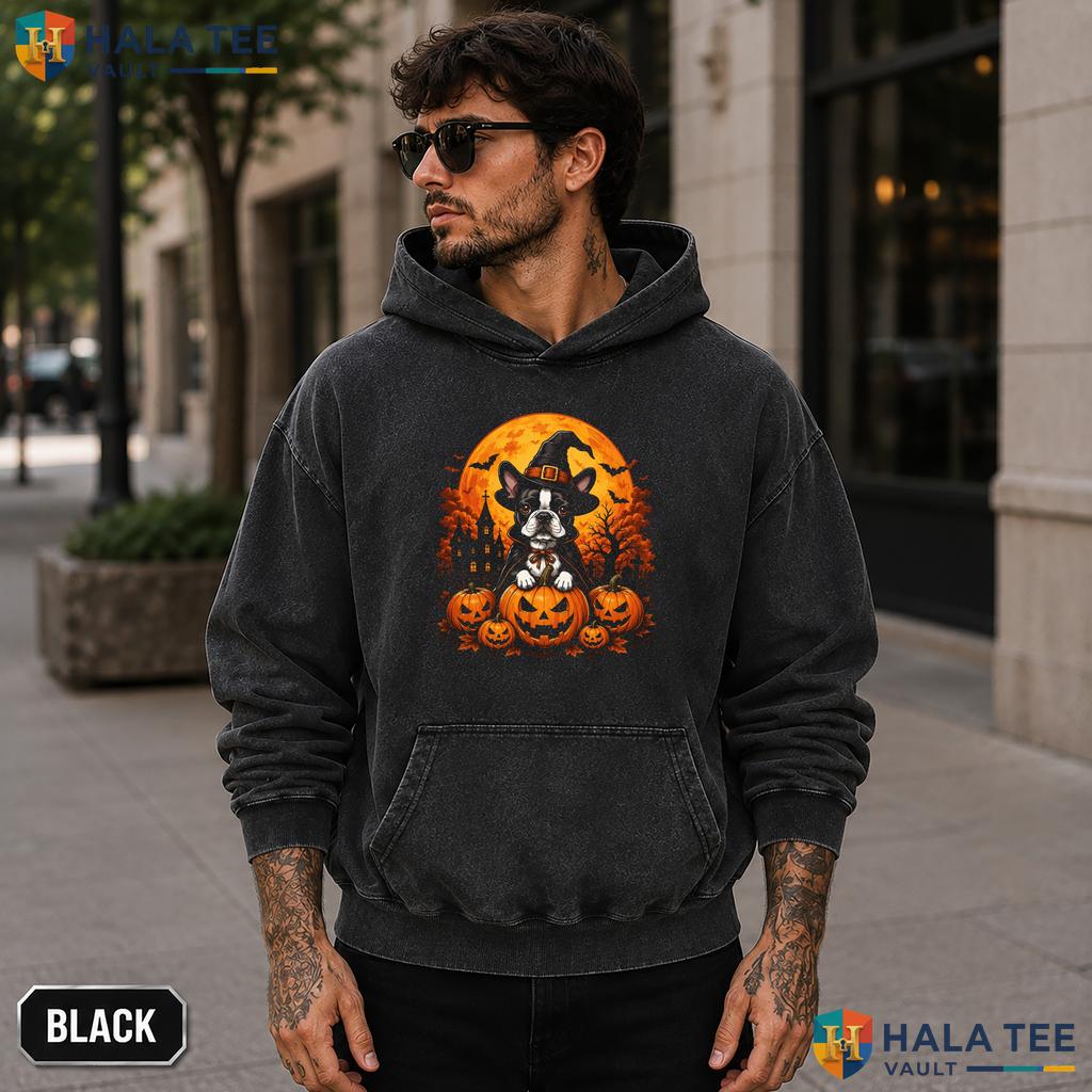 Boston Terrier Acid Washed T-Shirt Cute Witch Hat Pumpkin Halloween Dog Lover