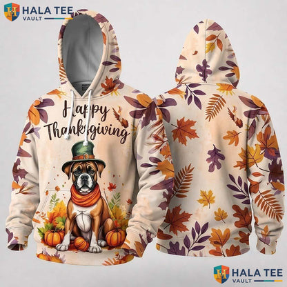 Boxer Pumpkins Leaves Thanksgiving 3D Hoodie Vintage Cheerful Dog Top