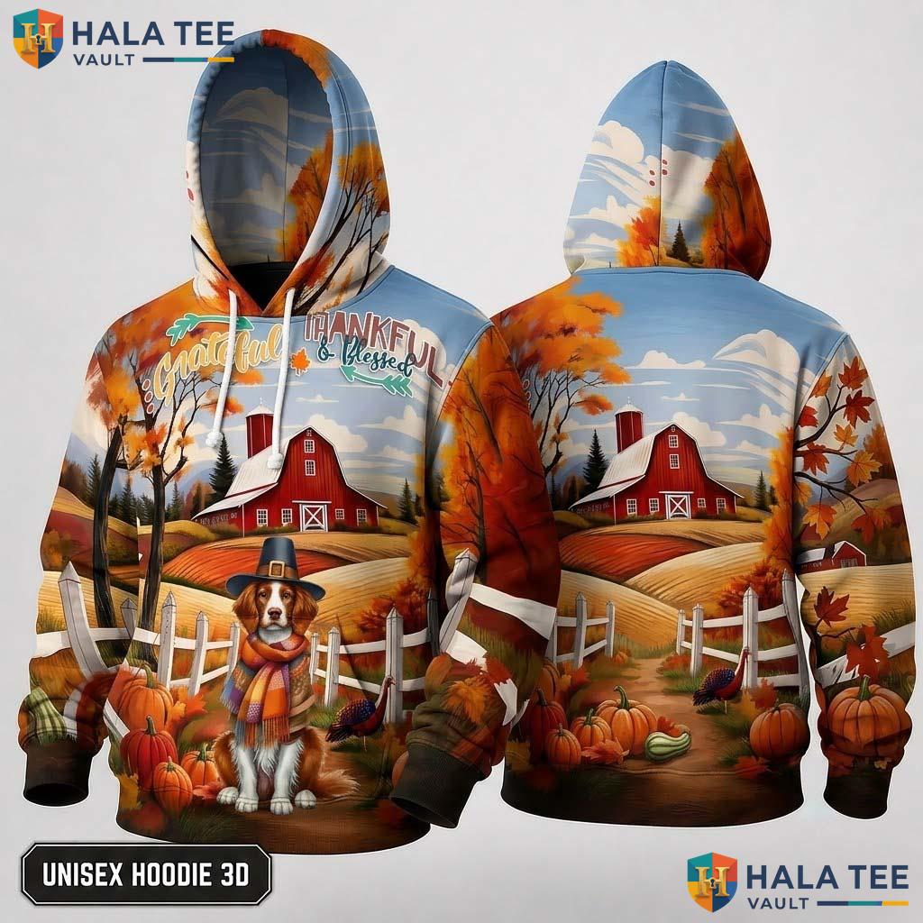 Brittany Spaniel Blessed Thanksgiving 3D Hoodie Grateful Thankful Top