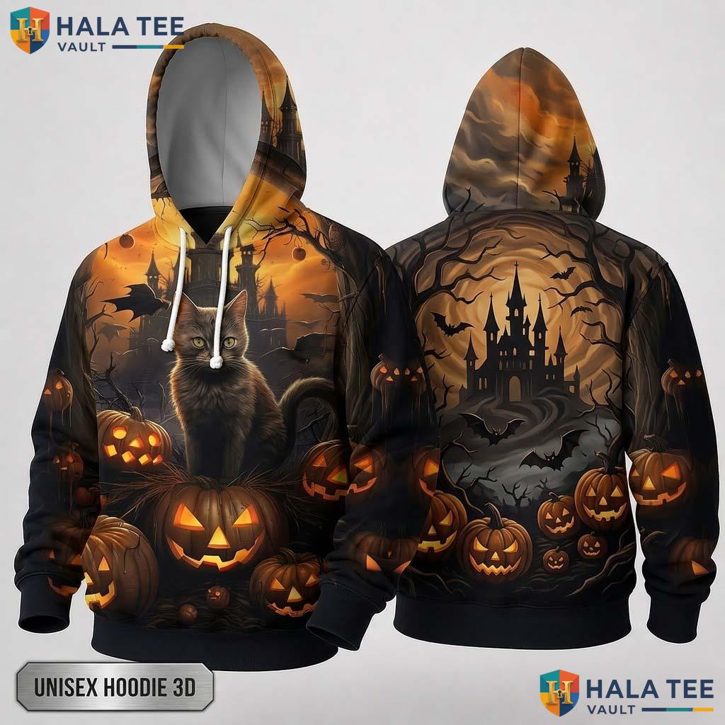 Brown Cat Pumpkin 3D Hoodie Vintage Spooky Halloween Graphic Apparel