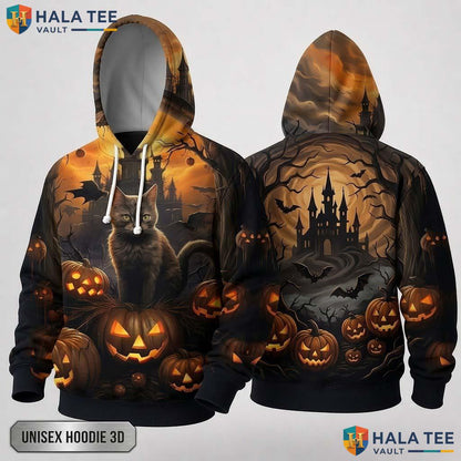 Brown Cat Pumpkin 3D Hoodie Vintage Spooky Halloween Graphic Apparel