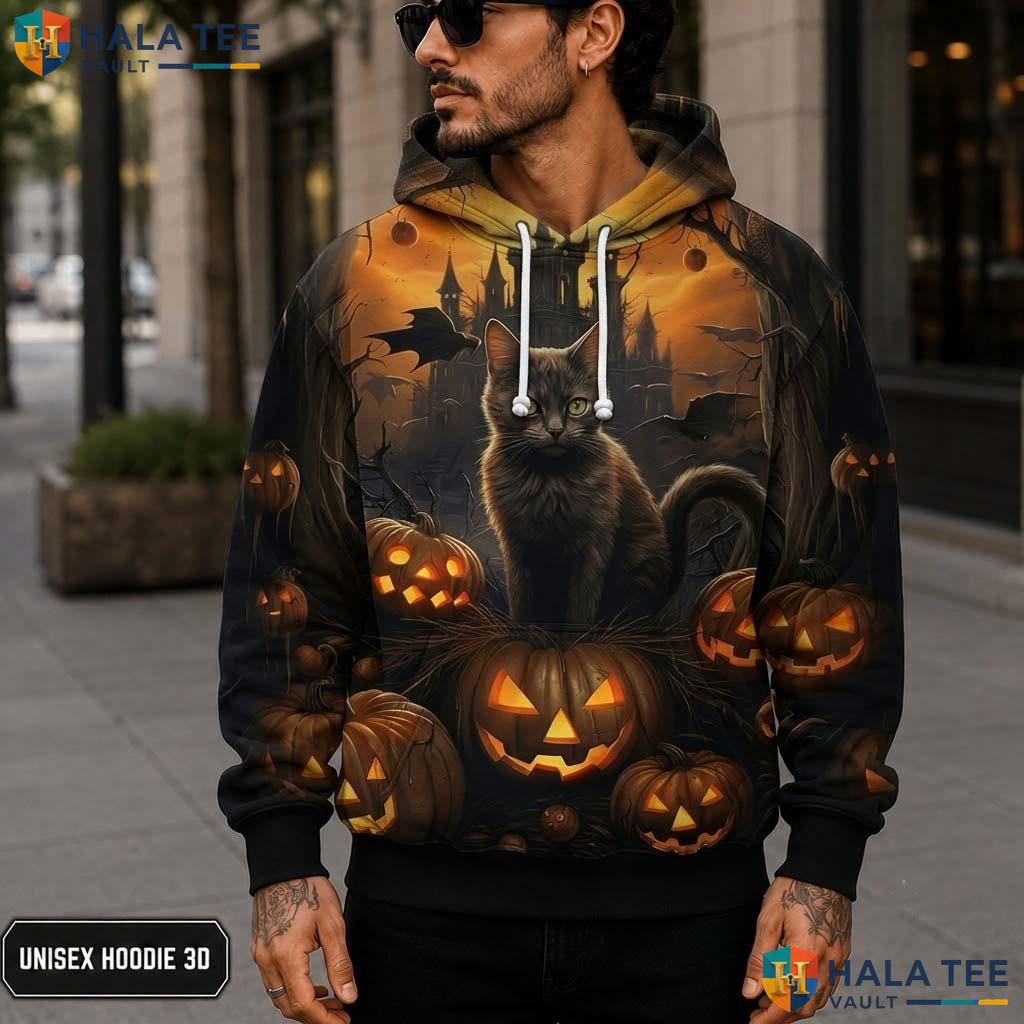 Brown Cat Pumpkin 3D Printed Hoodie Vintage Spooky Halloween Graphic Apparel