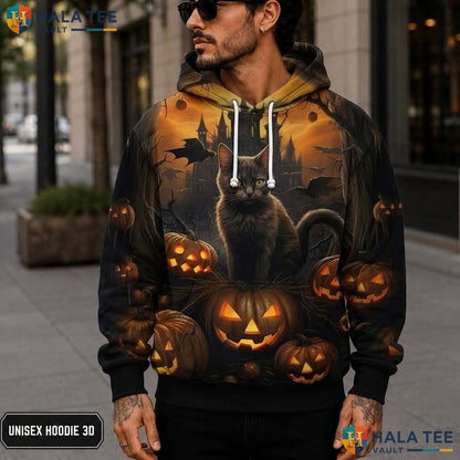Brown Cat Pumpkin 3D Printed Hoodie Vintage Spooky Halloween Graphic Apparel