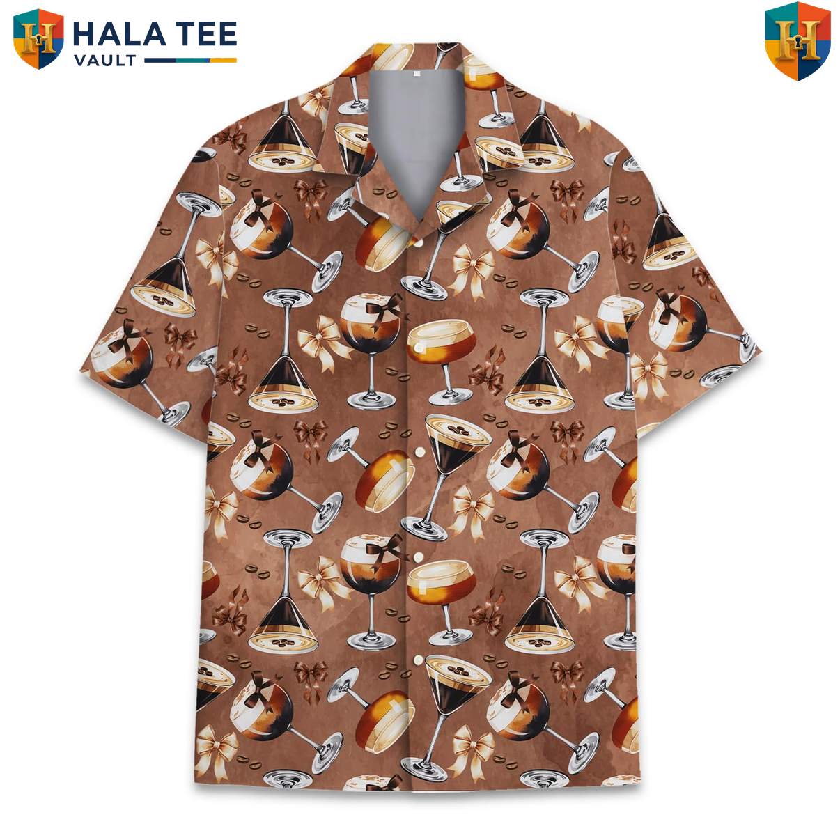 Brown Cocktail Tropical Shirt Mens Short Sleeve Button Down Summer Beach Top