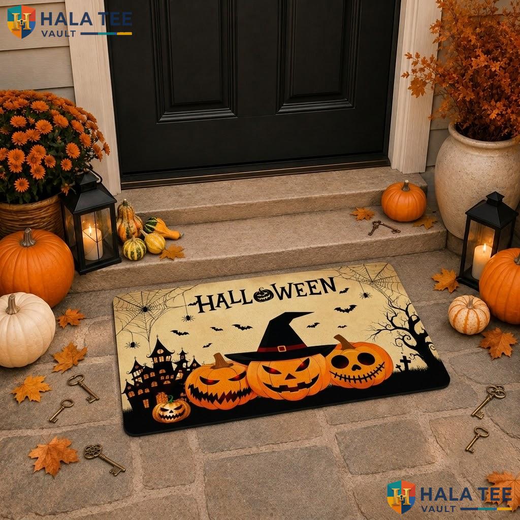 Brown Grimace Bats Halloween Doormat Haunted Castle Plaid Welcome Porch Rug