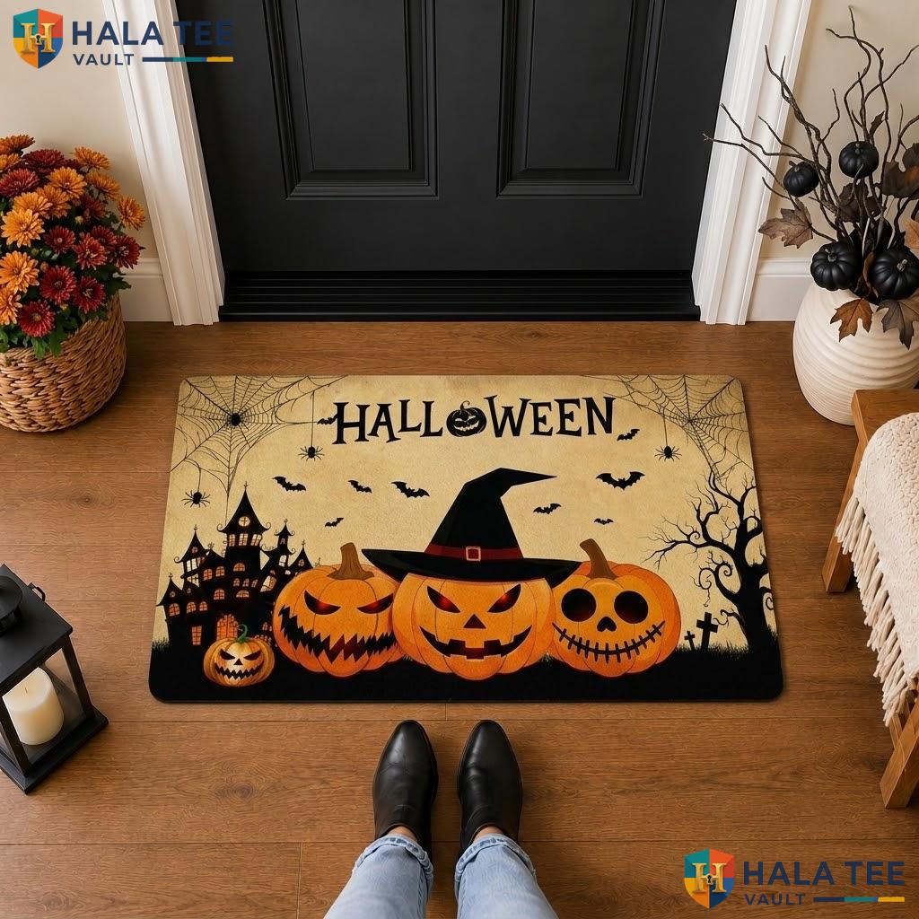 Brown Grimace Bats Halloween Front door mat Haunted Castle Plaid Welcome Porch Rug
