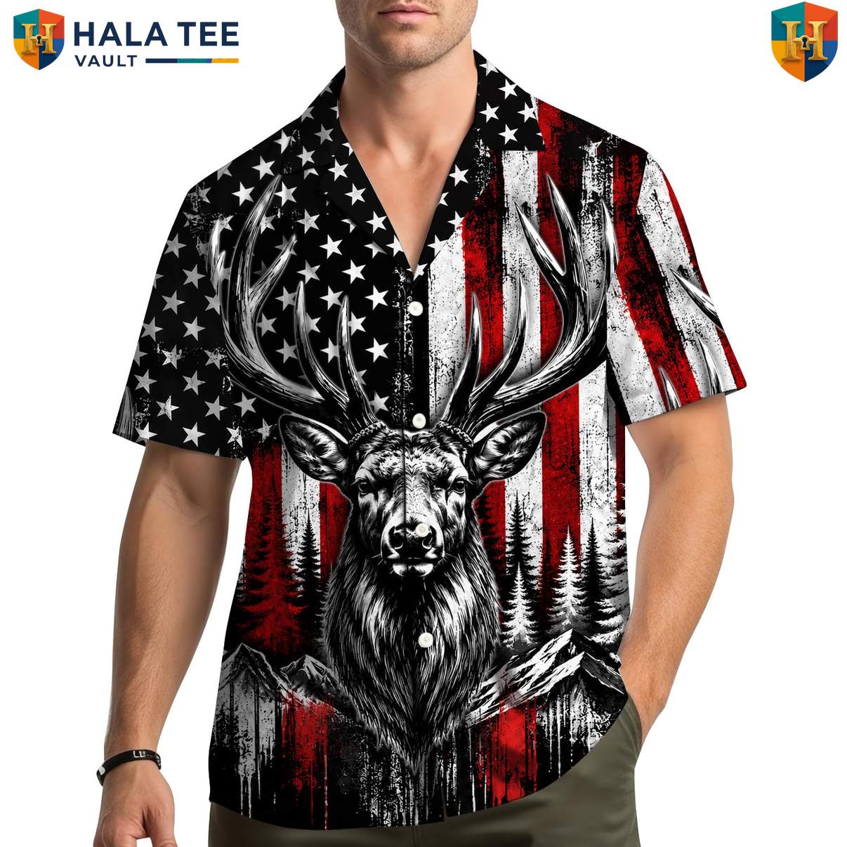 Buck Deer Hunting Aloha Shirt Mens Camo Outdoorsman Wilderness Camp Apparel