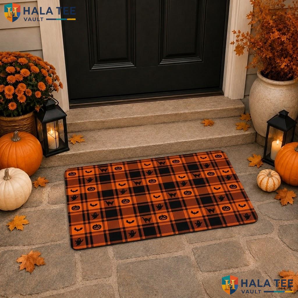 Buffalo Plaid Halloween Doormat Trick Or Treat Spooky Front Porch Floor Rug