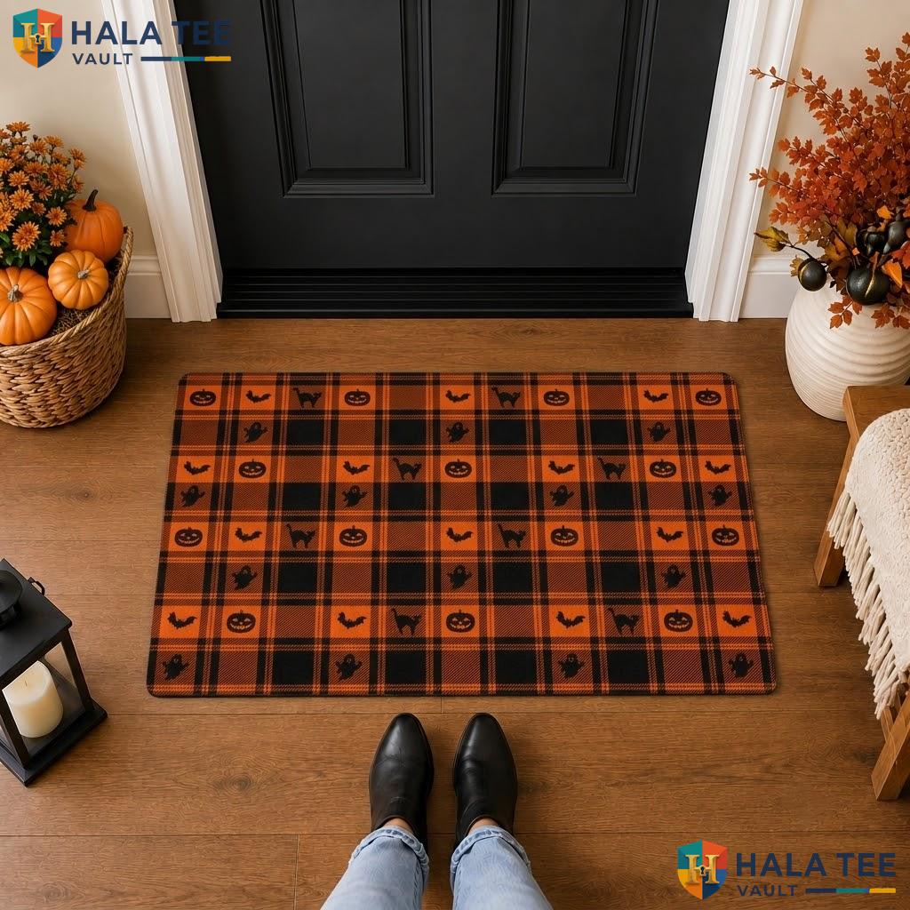 Buffalo Plaid Halloween Front door mat Trick Or Treat Spooky Front Porch Floor Rug