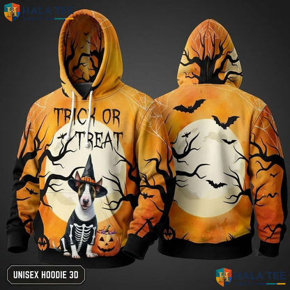 Bull Terrier Trick Or Treat 3D Hoodie Cool Skeleton Dog Halloween Top