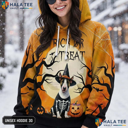Bull Terrier Trick Or Treat 3D Printed Hoodie Cool Skeleton Dog Halloween Top