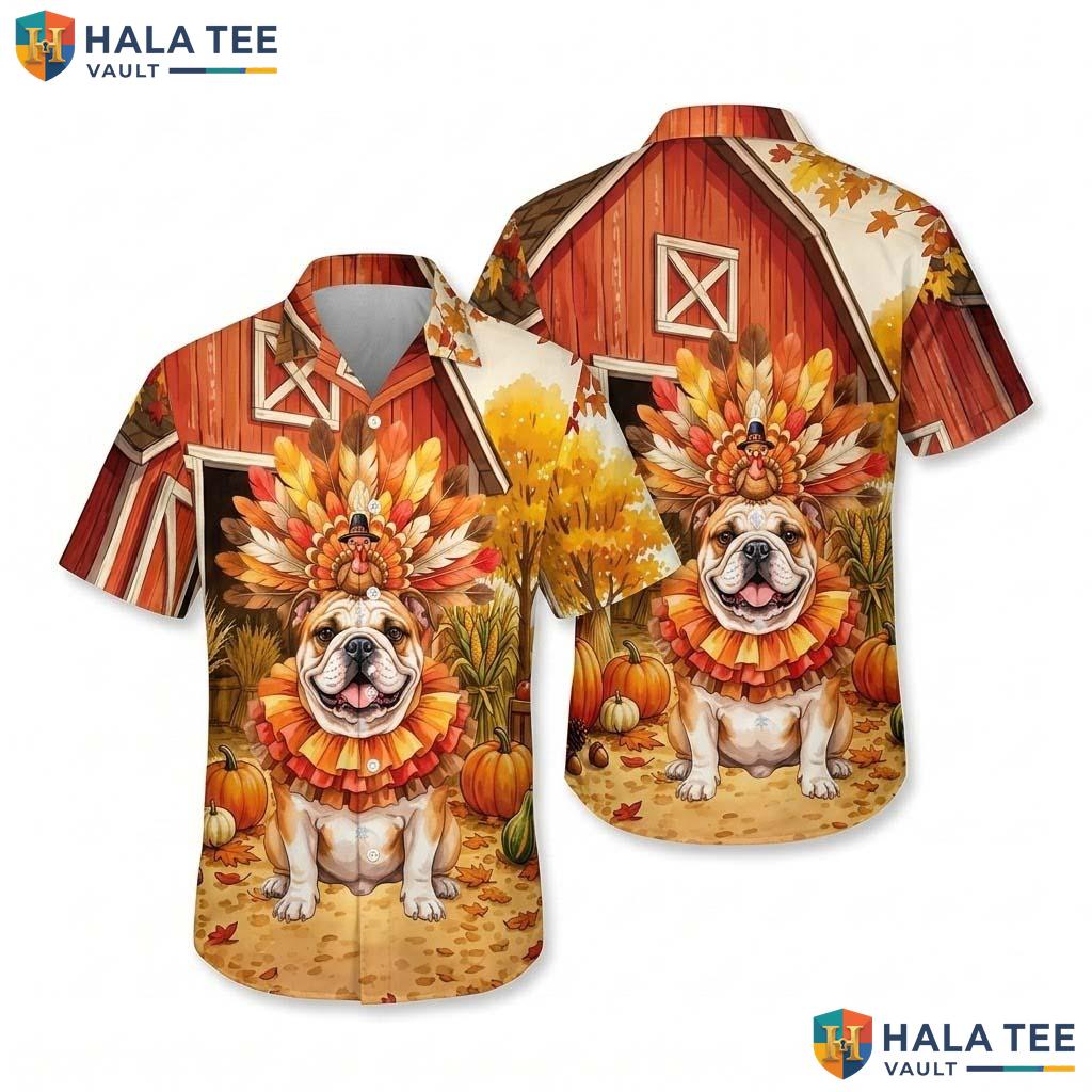 Bulldog Costume Thanksgiving Hawaiian Shirt Dog In Turkey Fall Mens