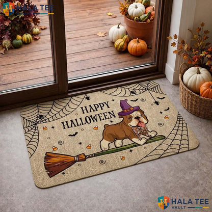 Bulldog Halloween Doormat Spooky Welcome Entry Rug Witch Hat Dog Lover