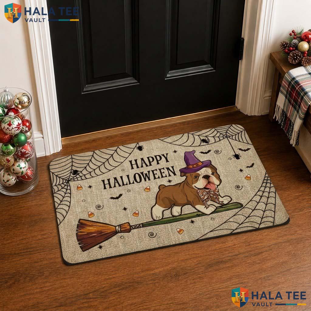 Bulldog Halloween Front door mat Spooky Welcome Entry Rug Witch Hat Dog Lover