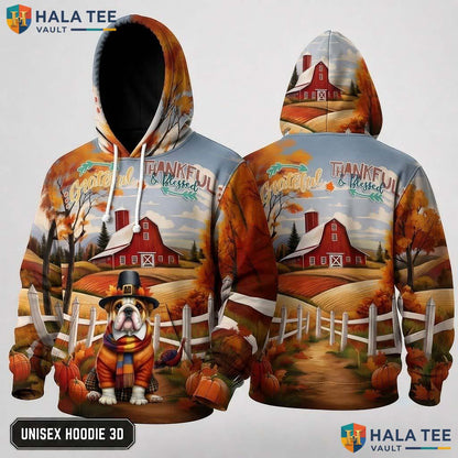 Bulldog Landscape Autumn Thanksgiving 3D Hoodie Rustic Cozy Fall Top