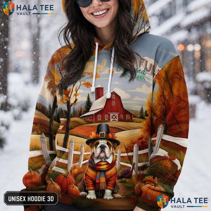 Bulldog Landscape Autumn Thanksgiving 3D Printed Hoodie Rustic Cozy Fall Top