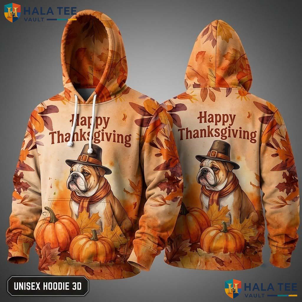 Bulldog Pumpkin Autumn Thanksgiving 3D Hoodie Funny Dog Lovers Top