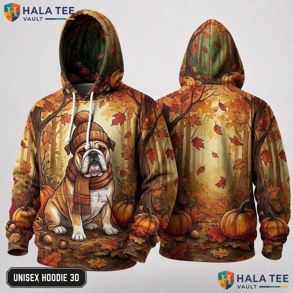 Bulldog Pumpkins Leaves Thanksgiving 3D Hoodie Vintage Cozy Autumn