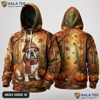 Bulldog Pumpkins Leaves Thanksgiving 3D Hoodie Vintage Cozy Autumn