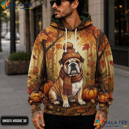 Bulldog Pumpkins Leaves Thanksgiving 3D Printed Hoodie Vintage Cozy Autumn