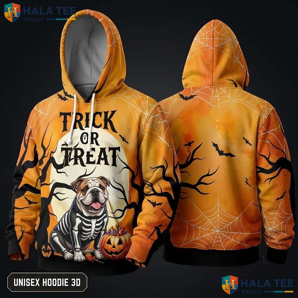 Bulldog Trick Or Treat 3D Hoodie Cute Spooky Element Halloween Graphic