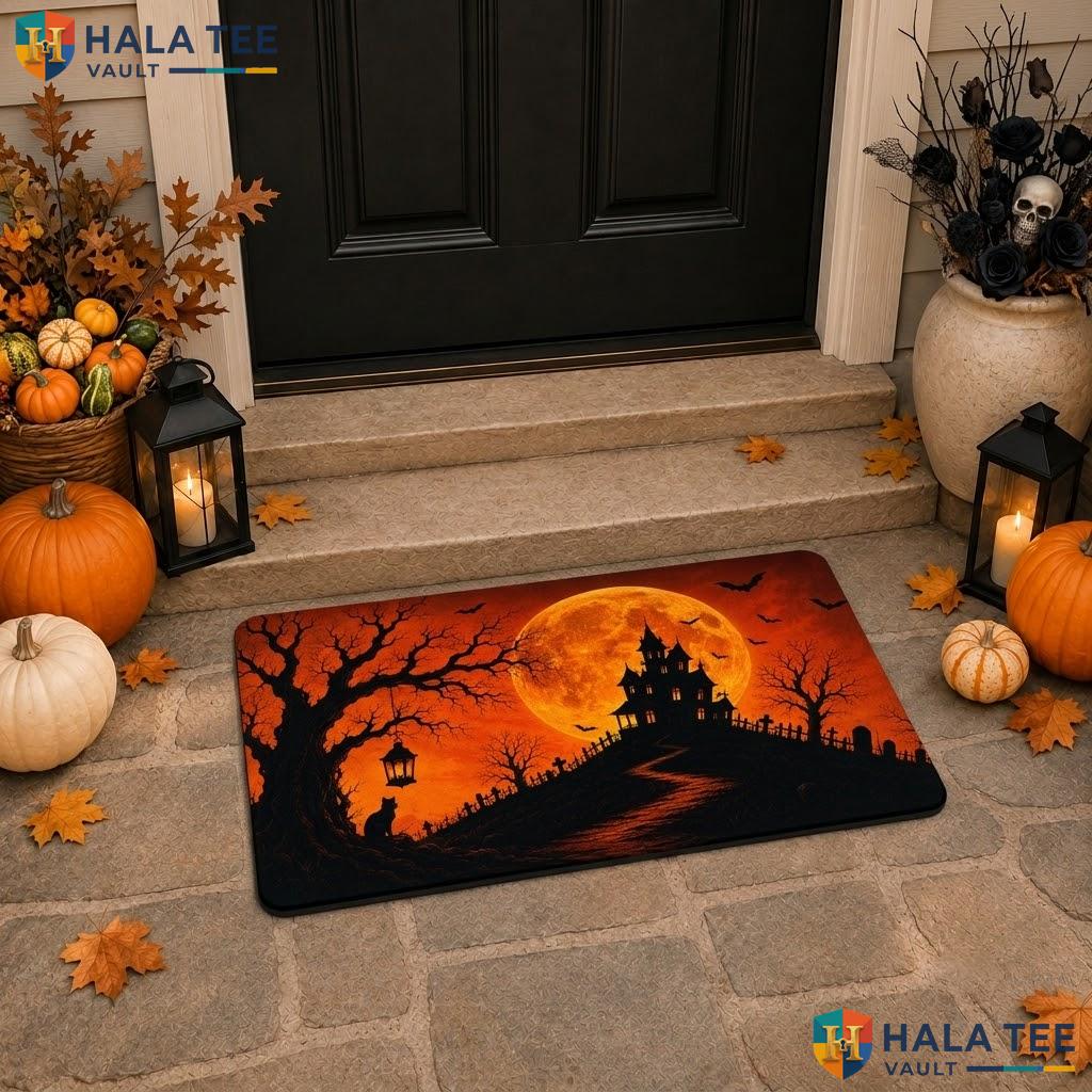 Burnt Orange Tree Halloween Doormat Haunted Castle Moon Welcome Porch Rug