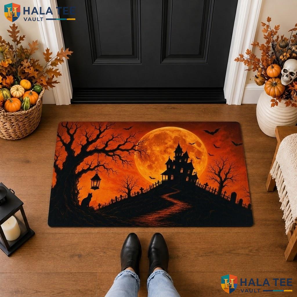 Burnt Orange Tree Halloween Front door mat Haunted Castle Moon Welcome Porch Rug