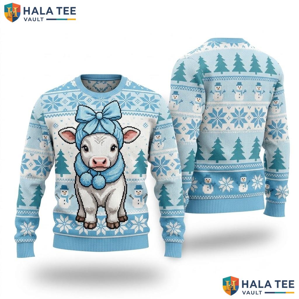 Calf Light Blue Whimsical Christmas Sweater Cute Winter Womens Apparel