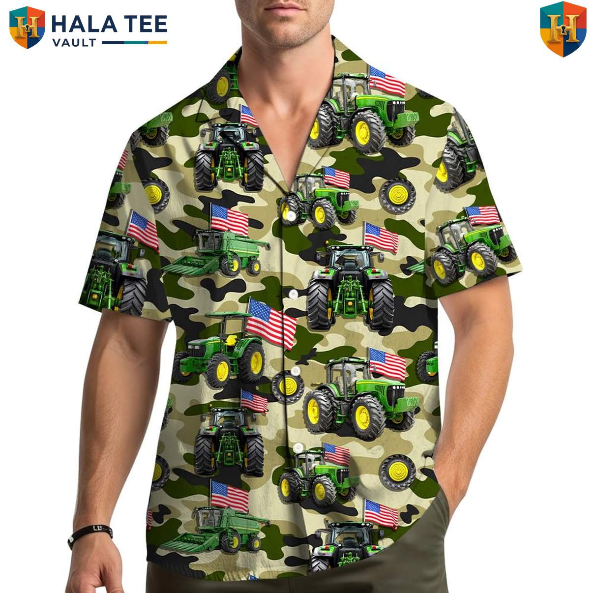 Camo Tractor Farm Aloha Shirt Mens Country Countryside Weekend Camp Outfit