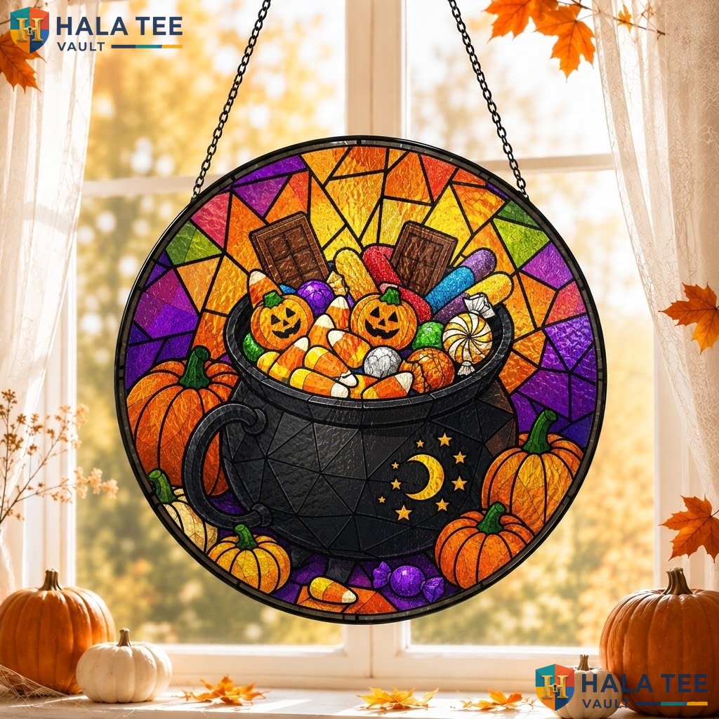 Candy Cauldron Halloween Stained Glass Suncatcher Spooky Pumpkin Window Art