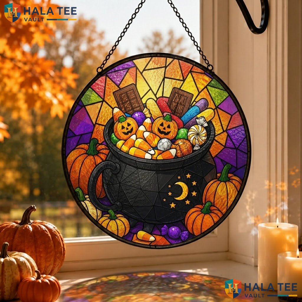 Candy Cauldron Halloween Stained Glass Suncatcher Spooky Pumpkin Window Art Adult