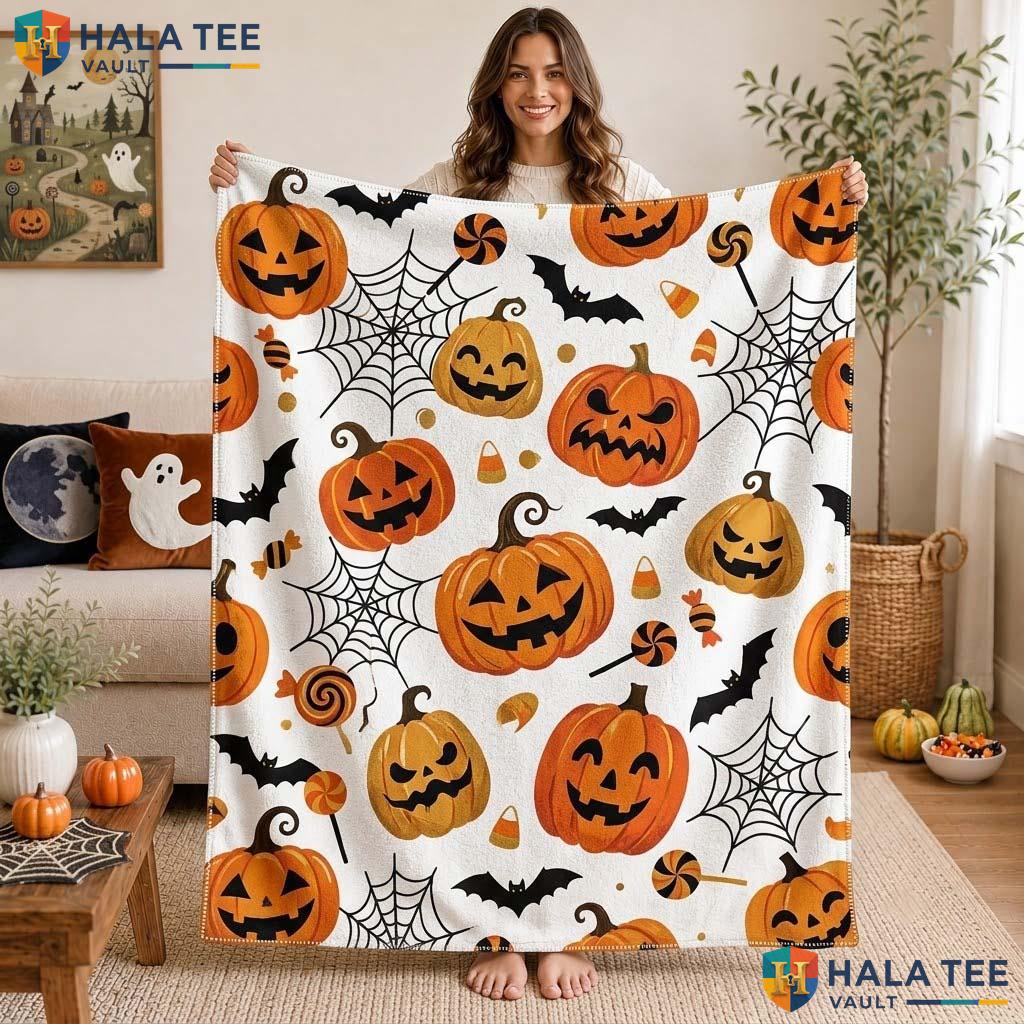 Candy Corn Halloween Blanket Cheerful Pumpkin Bat Flannel Cozy Throw