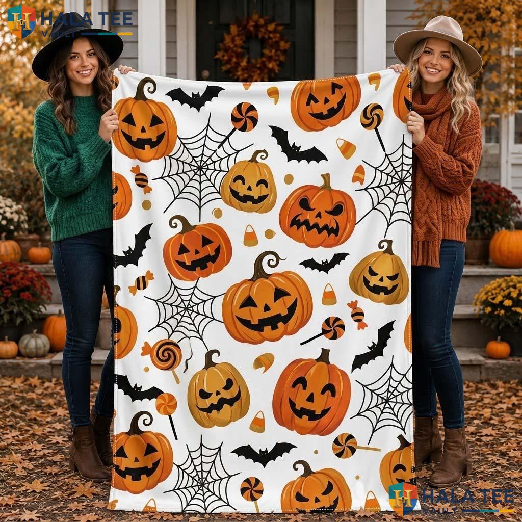 Candy Corn Halloween Blanket Cheerful Pumpkin Bat Flannel Cozy Throw