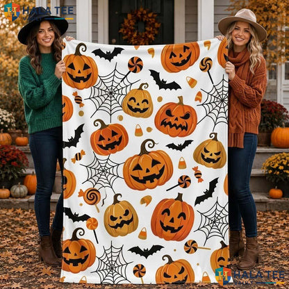 Candy Corn Halloween Blanket Cheerful Pumpkin Bat Flannel Cozy Throw