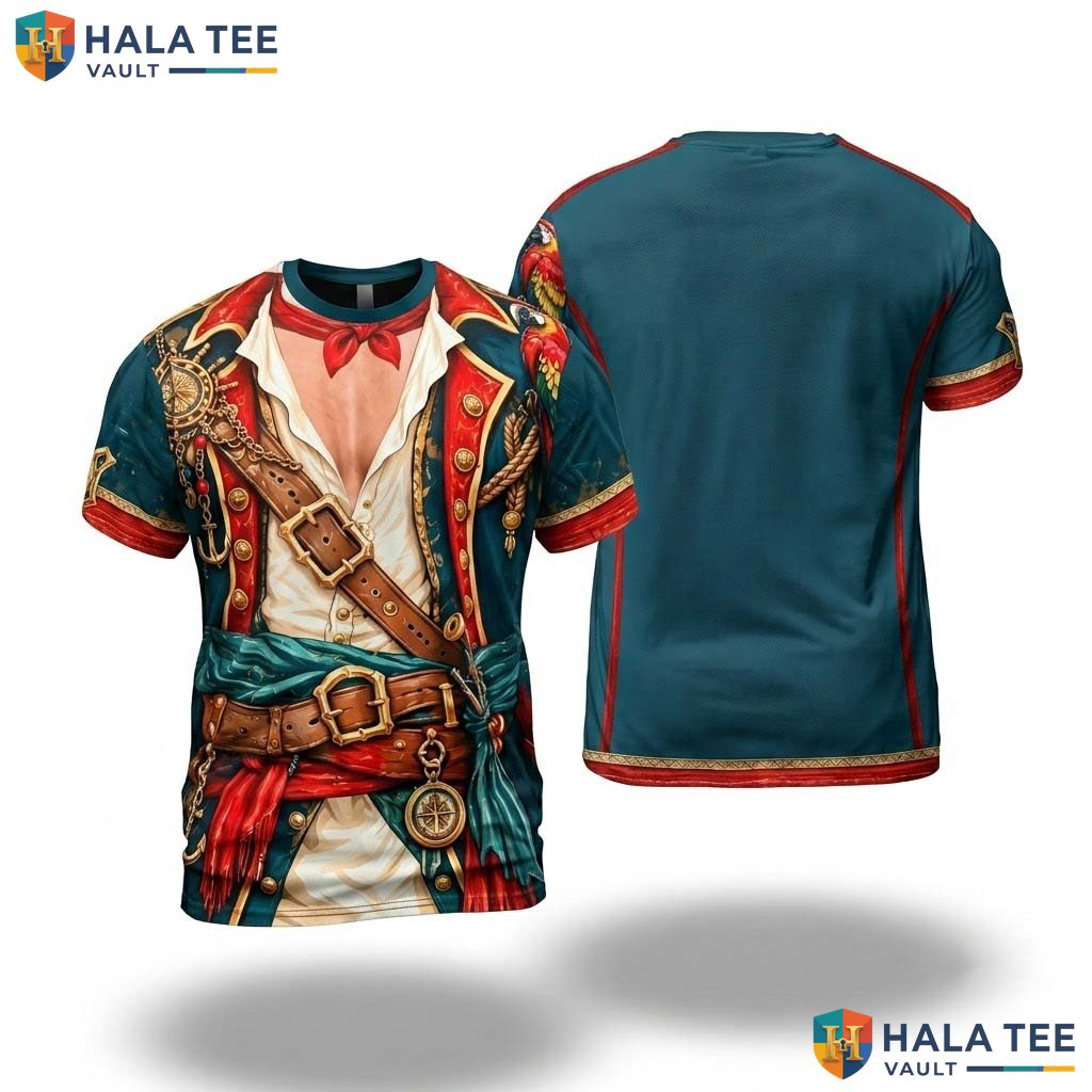 Caribbean Pirate All Over Print T-Shirt Mens Funny Halloween Cosplay Top