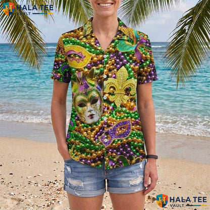 Carnival Mask Aloha Shirt Mens Mardi Gras Novelty Party Beach Apparel