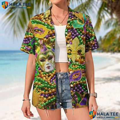 Carnival Mask Short-sleeve button-up shirt Mens Mardi Gras Novelty Party Beach Apparel
